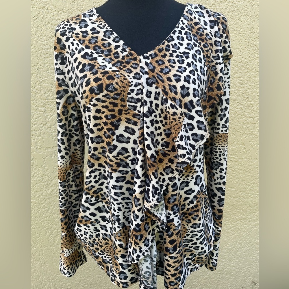 Clara Sun Woo Animal Print Cascade Ruffle Drape Jersey Top Blouse Small